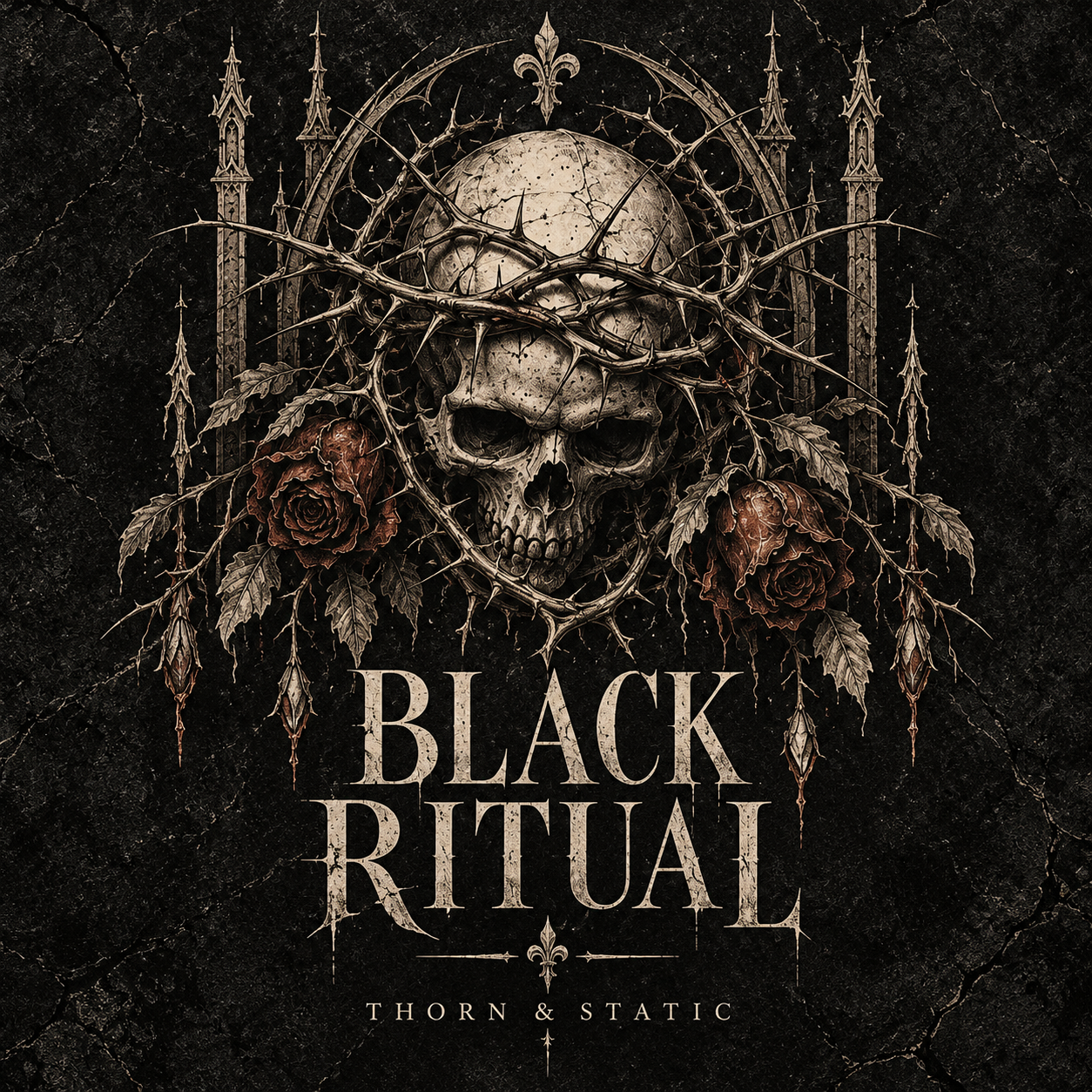 Black Ritual: a weathered skull crowned with thorns and gothic spires