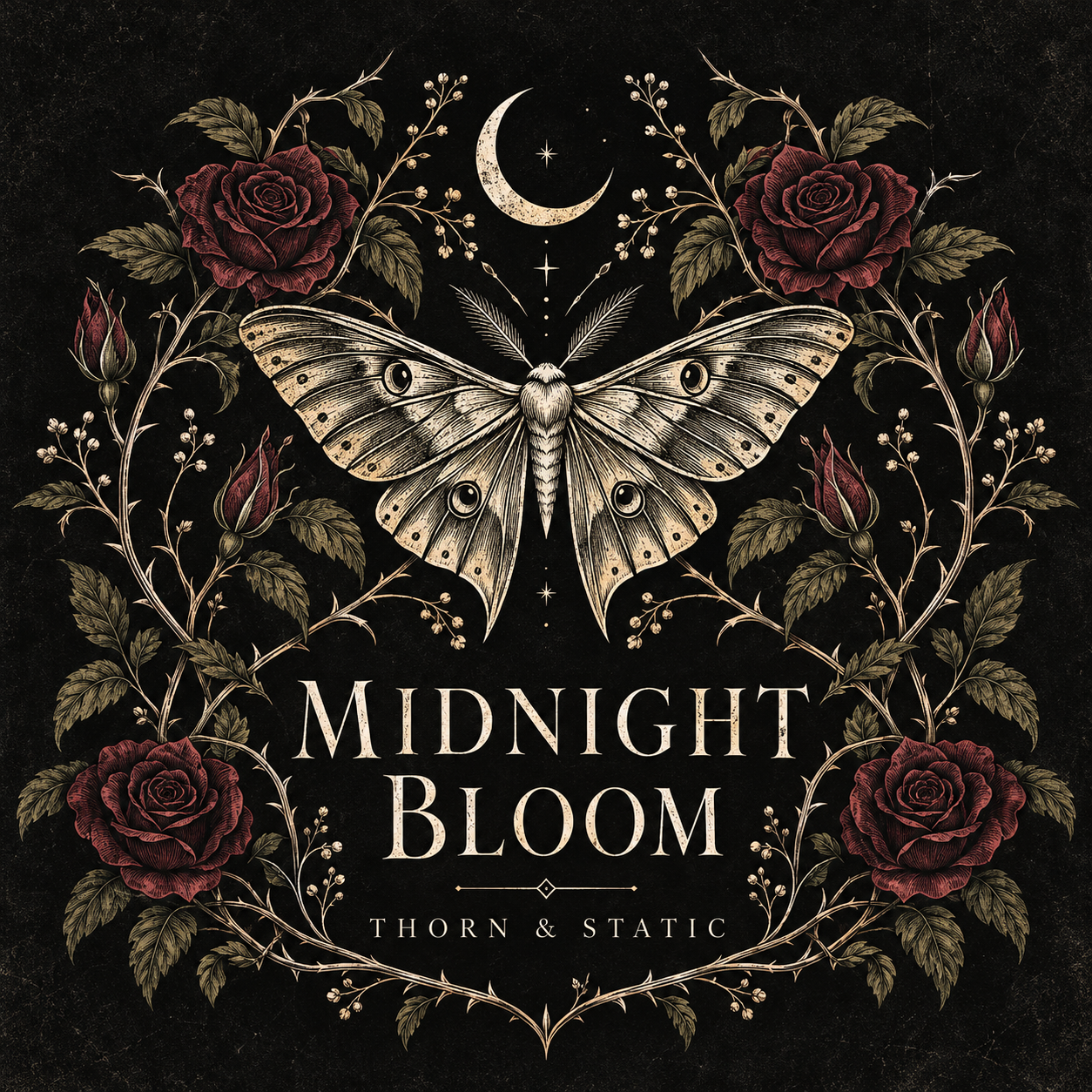 Midnight Bloom: a moonlit moth and burgundy roses